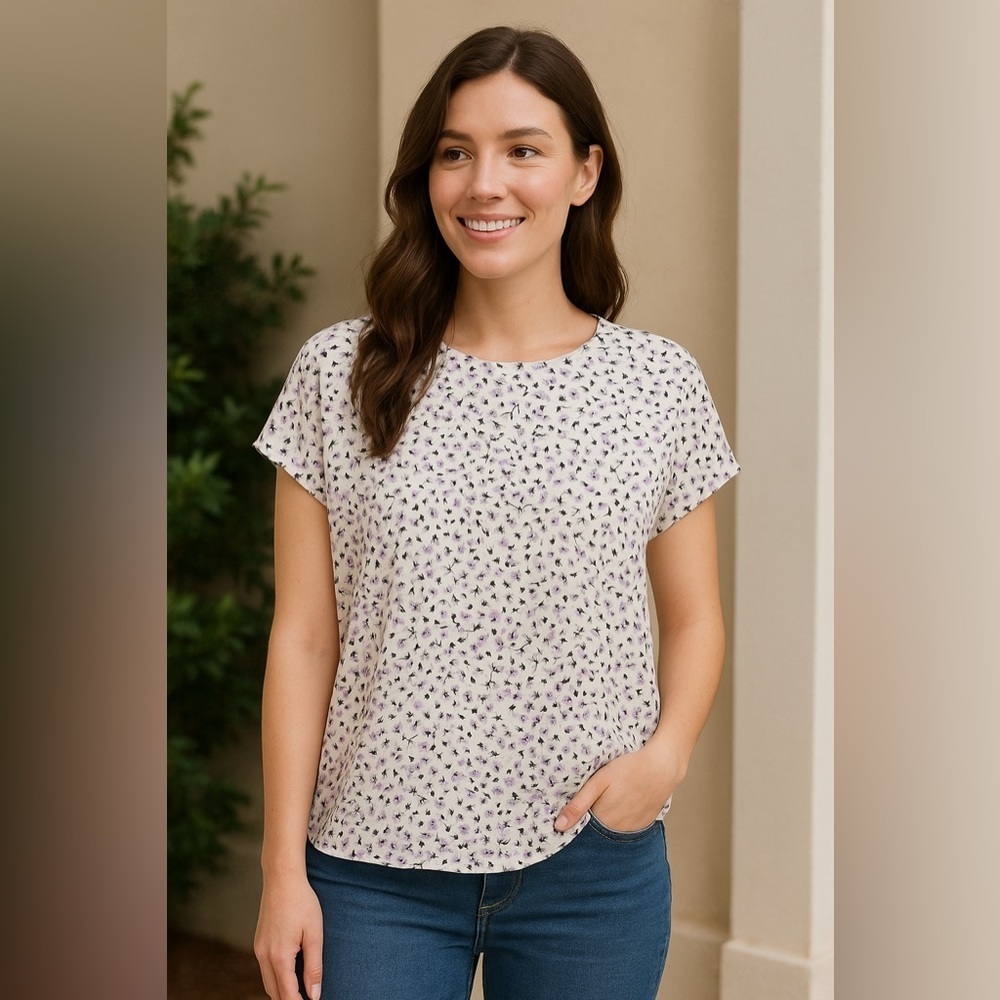 Halogen Floral Print Cap Sleeve Loose Fit Blouse - Spring Summer Office - Large